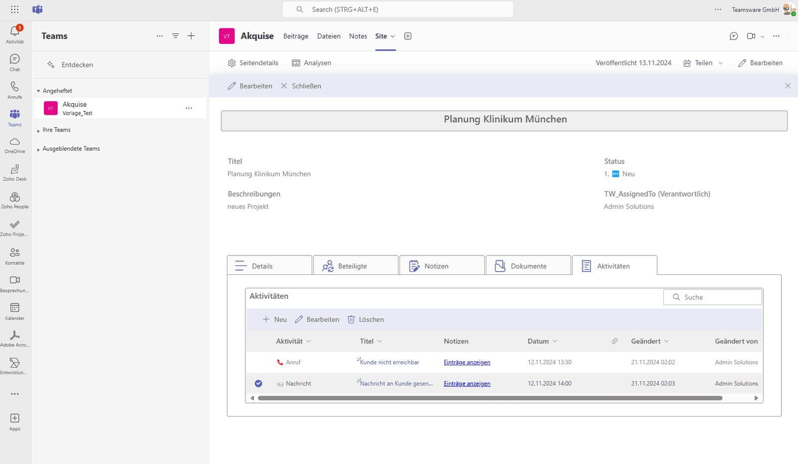 Aktivitäten Tracker im Akquise Management Modul von Teamsware